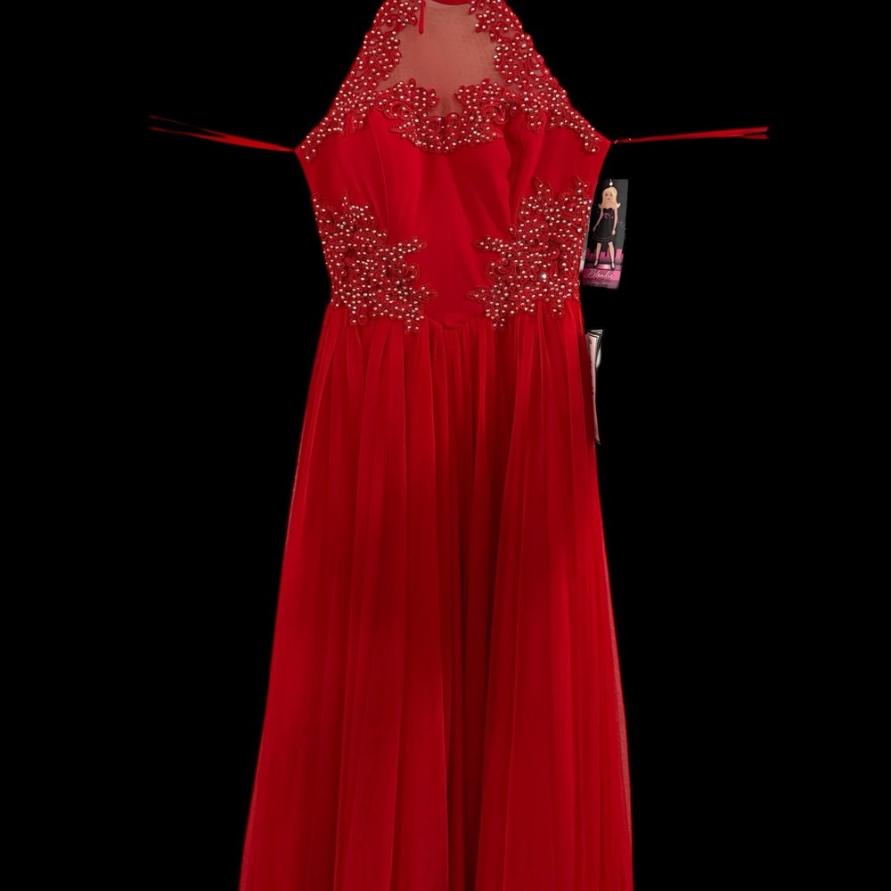 Blondie Nites Red Beaded Halter Prom Dress